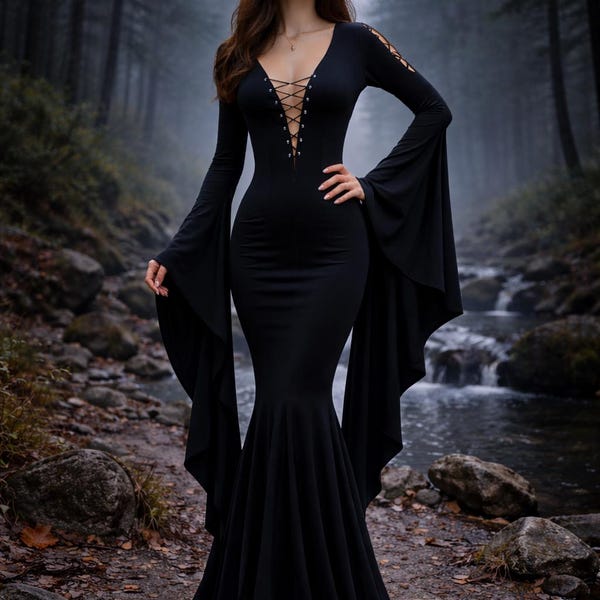 Gothic Witch Lace Up Maxi Dress: Black Mermaid Vampire Queen Gown, Witchy Party & Wedding Costume, Christmas Gothic Dress