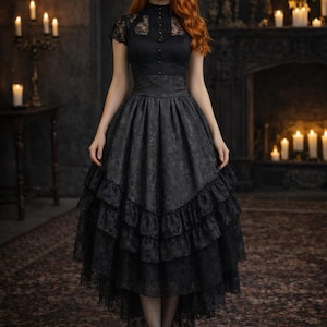 Gothic High Low Skirt – Victorian Lace Layered Black Skirt, Witchy Gothic Prom Cosplay Fashion, Perfect Christmas Gift