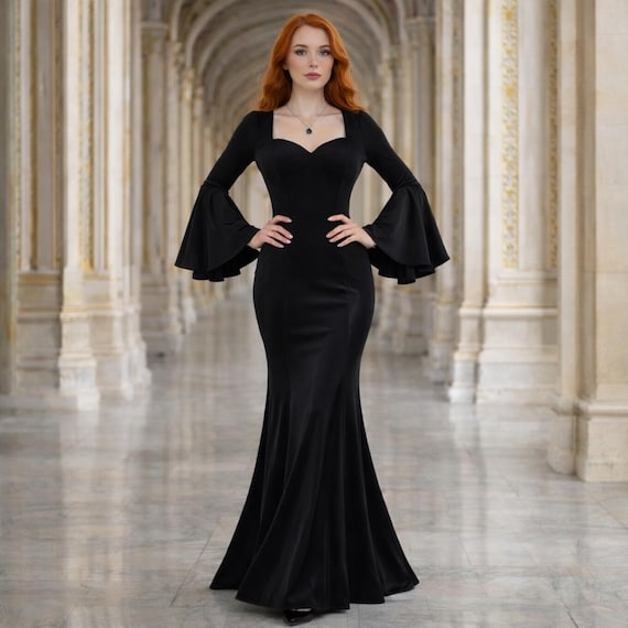 Black Gothic Evening Dress - Floor Length Witchy Long Gown, Dark Halloween Cosplay, Elegant Renaissance Formal Wear, Perfect for Christmas
