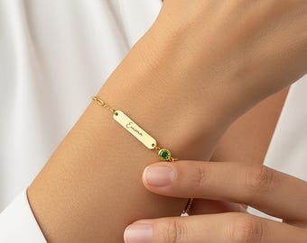 Birthstone Bracelet Personalized Birthstone Name Bar, Custom Gold Engraved Jewelry, Minimalist Gift for Mom, Her, Mother's Day, Birthday