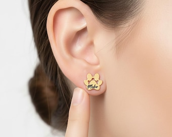 Personalisierte Pfotenabdruck Ohrringe, individuell gravierte Ohrstecker, Haustier-Liebhaber-Geschenk, Hundkatzenschmuck, unpassende Namensohrringe für Haustier-Besitzer