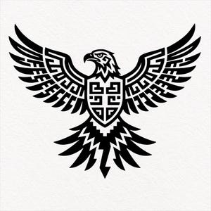 Puede incluir: Una ilustración gráfica en blanco y negro de un águila con las alas extendidas. El águila presenta patrones geométricos intrincados en sus alas y un escudo central en el pecho, decorado con diseños de líneas simétricas, angulares y laberínticas.