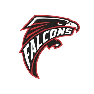 Puede incluir: Un logotipo estilizado con la cabeza de un halcón en negro, rojo y blanco. La palabra "FALCONS" está escrita en letras blancas en negrita, integrada en el diseño. El logotipo está sobre un fondo blanco.