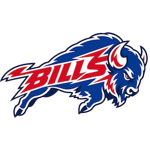 Könnte beinhalten: Ein grafisches Logo, das einen stürmenden blauen Bison mit weißen Highlights und einem roten Auge zeigt. Das Wort BILLS ist in fetten, roten, stilisierten Großbuchstaben über die Mitte des Bisons geschrieben, mit einem roten Streifen am S.