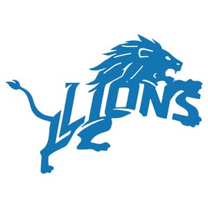 May include: A blue graphic logo featuring a stylized lion in a leaping pose integrated with the word LIONS in bold, capital letters. The design uses a single solid blue color against a plain white background, showcasing the animal's mane and tail.