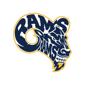Pode incluir: Um gráfico azul marinho e dourado da cabeça de um carneiro. A palavra "RAMS" está integrada no design, com as letras formando a forma da cabeça do carneiro. O design tem um fundo branco.