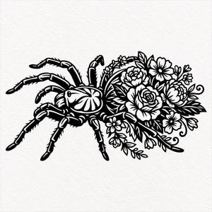 May include: A black and white graphic illustration of a tarantula spider. The spider's abdomen is replaced by a dense cluster of detailed flowers, including roses and smaller blossoms with leaves, rendered in a bold, high-contrast line art style.