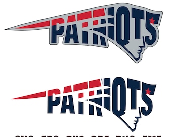 May include: Two versions of the Patriots logo in red, white, and navy blue. The word "PATRIOTS" is stylized within a banner shape, with a profile of a face incorporated into the "OTS". Below, the file types are listed: SVG, EPS, DXF, PDF, PNG, EMF.