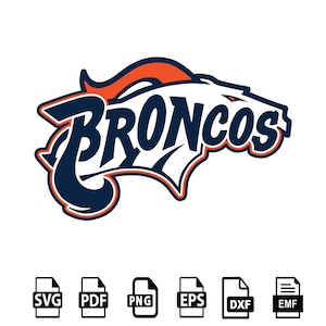 Puede incluir: Un gráfico vectorial del logotipo de los Broncos de Denver. El logotipo presenta la palabra "Broncos" en blanco, delineada en azul marino y naranja, con una cabeza de caballo estilizada. Debajo, iconos de tipo de archivo: SVG, PDF, PNG, EPS, DXF y EMF.