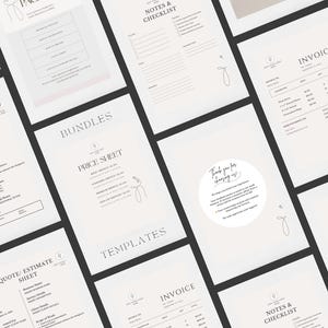 May include: A selection of light-coloured paper templates, including invoices, price sheets, and checklists. The templates feature minimalist designs with elegant fonts and decorative line art. The layout is clean and professional, suitable for business use.