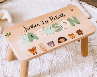 Woodland Step Stool For Toddlers - Name Puzzle Stool - Personalized Christmas Gift For Grandson