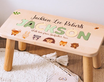 Personalized Toddler Step Stool, Woodland Animal Name Stool, Baby Name Stool, 1st Birthday Gift For Grandson, Woodland Nursery Decor