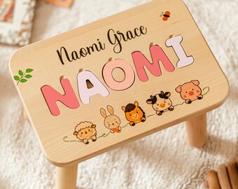 Wooden Step Stool Personalized - Name Puzzle Stool For Toddlers - Birthday / Christening / Easter Gift For Kids