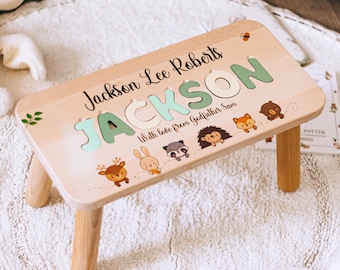 Woodland Step Stool For Toddlers - Name Puzzle Stool - Personalized Christmas Gift For Grandson