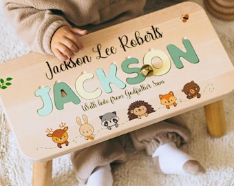 Name Puzzle Stool With Woodland Animals - Personalized Step Stool For Toddlers