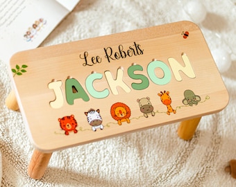 Custom Name Puzzle Stool - Safari Nursery Furniture - Christmas Gifts for Kids