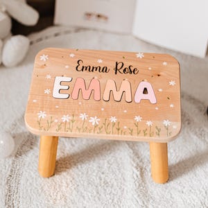 Personalized Girl Name Stool, Custom Wooden Step Stool with Daisy, Floral Name Puzzle Stool, First Birthday Gift for Girl, Nursery Decor