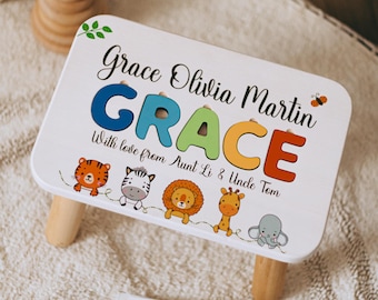 Custom Name Puzzle Stool - Safari Nursery Furniture - Christmas Gifts for Kids