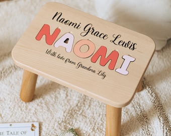Baby Name Puzzle Stool with Full Name, Pink Nursery Step Stool, Birthday Gift For Toddlers
