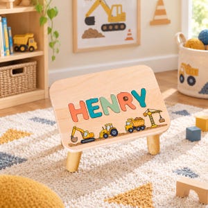 Construction Vehicle Wooden Step Stool, Personalized Kids Chair With Trucks and Crane, Christmas Gift From Mom and Dad for Toddler Boy
