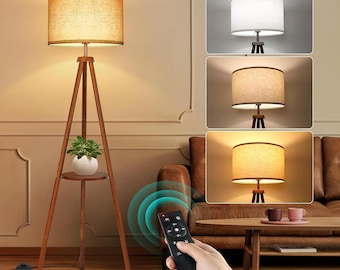May include: A wooden tripod floor lamp with a beige lampshade. The lamp has a small shelf with a potted plant. A remote control is held in the foreground. Three inset images show the lamp with different light settings.