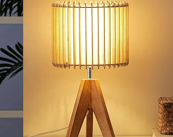 Table Lamp, Wood Tripod Bedside Lamp, Natural Wood-Colored Hollow, Boho Nightstand Lamp for Bedroom, Living Room, Office