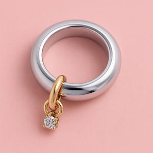 以下が含まれることがあります： 金色のチャームと小さな丸い透明な宝石が付いたシルバーリング。 リングは厚く滑らかで、研磨仕上げです。 チャームは小さな金のループでリングに取り付けられています。 背景は無地の明るいピンク色です。