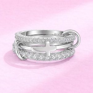 Argent sterling 925 CZ, bague empilable à trois maillons, bagues empilables en forme de croix