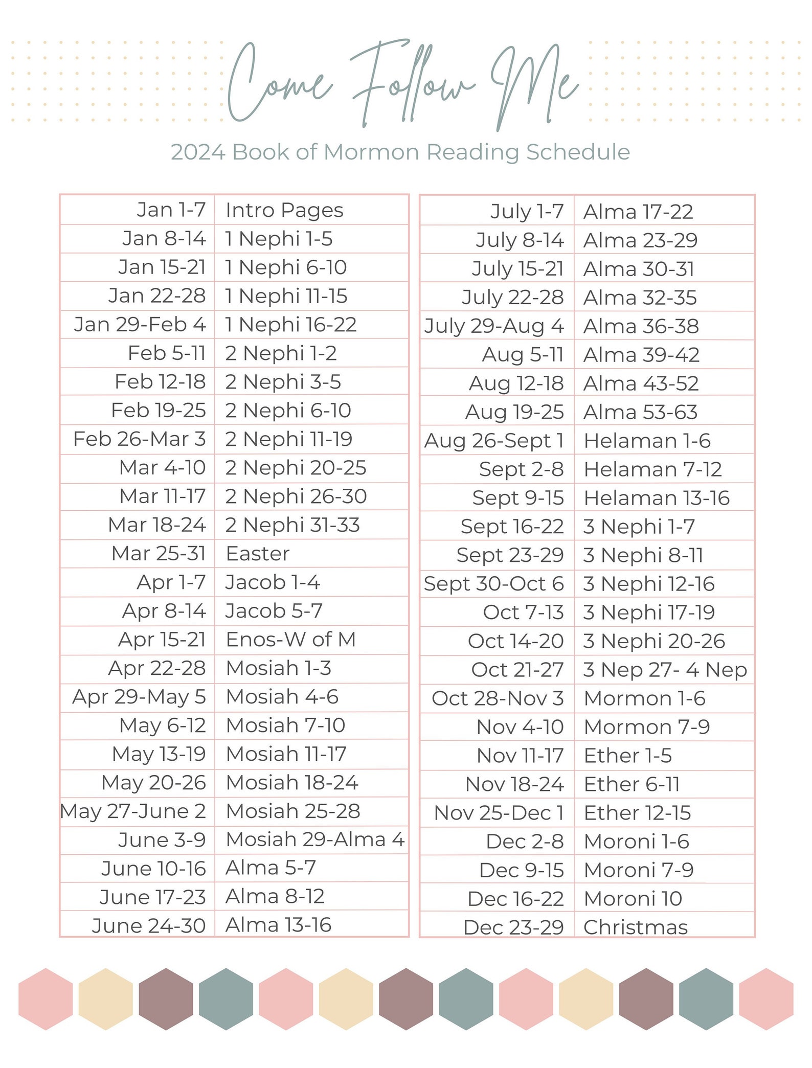 Book of Mormon Reading Schedule for Come Follow Me 2024, Relief Society, Elders Quorum, Young