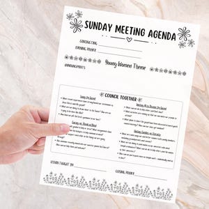 May include: A printable Sunday meeting agenda for young women. The agenda includes sections for contacting, opening prayer, announcements, council together, lesson taught, and closing prayer. The theme is "In striving to become the Lord's, we strive to become like Him."