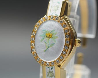 Near MINT Andre Mouche Swiss Qz Floral Enamel Cover Bangle Women's Watch JAPAN