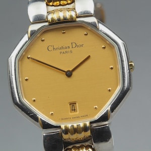Nahezu neuwertige Vintage Christian Dior D45-204 24mm Damenuhr mit Datumsanzeige und goldenem Zifferblatt, hergestellt in Japan Bild 1