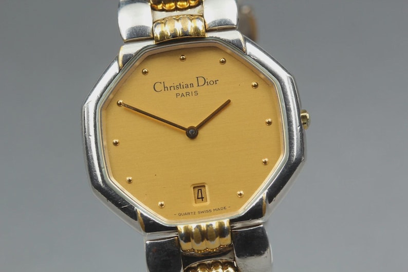Nahezu neuwertige Vintage Christian Dior D45-204 24mm Damenuhr mit Datumsanzeige und goldenem Zifferblatt, hergestellt in Japan Bild 1