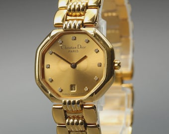 N MINT Christian Dior 48 153 11P Diamant Gold Zifferblatt 25mm Qz Damenuhr JAPAN