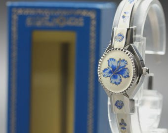 Vintage Andre Mouche Floral Enamel Bangle Watch: Swiss Made, Gold