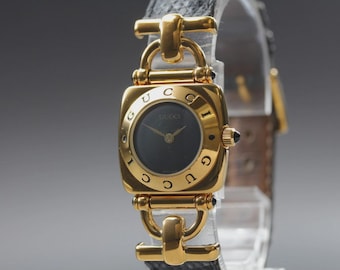 Exc+5 GUCCI Horsebit 6300L Gold Black Dial Quartz Women's Watch From JAPAN