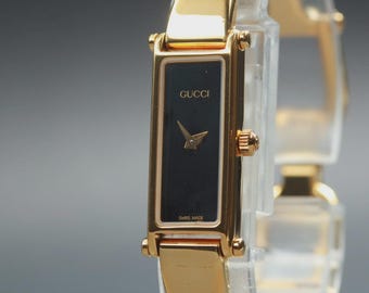 Vintage GUCCI 1500L 13mm Gold Black Dial Bangle Quartz Women's Watch From JAPAN