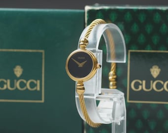 N MINT/Full set GUCCI 2700.2.L Black Dial Bangle Gold Wire Ladies Watch JAPAN
