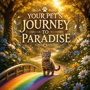 Pode incluir: Um gato tigrado está sobre uma ponte com as cores do arco-íris em uma floresta ensolarada cheia de flores azuis, brancas e amarelas. O texto 'YOUR PET'S JOURNEY TO PARADISE' está centralizado acima do gato com ícones de pata e coração.