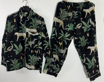 Conjunto de pijama de algodón con estampado a mano para mujer, regalo de verano para ella.