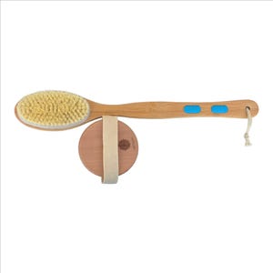 May include: A wooden back brush with a long handle and natural bristles. The brush has a round, wooden body brush attached with a cream-colored strap. The handle features two blue accents and a loop for hanging.