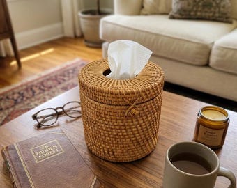 Handwoven Rattan Round Tissue Box Cover | Eco-Friendly Boho Home Decor | Artisanal Sustainable Tabletop Storage
