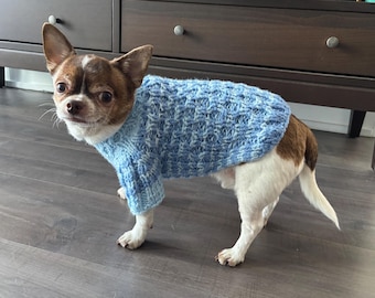 May include: A small dog with brown and white fur wearing a light blue knitted sweater. The sweater features a textured, waffle-like stitch pattern with ribbed cuffs and a ribbed neckline, providing a snug fit around the torso of the animal.