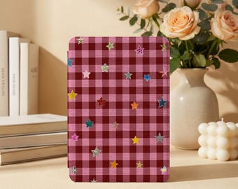 Red Checked Star Kindle Case For Kindle Paperwhite 11/10/12th 2024 Colorsoft Case with Hand Strap Cover,Kobo Libra Case,Auto Wake/Sleep Case
