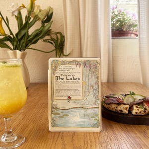 May include: A decorative book cover with the text "Take me to The Lakes" and an illustration of a woman playing a harp near a lake with a swan. The cover has a vintage aesthetic with floral and ornate border designs.