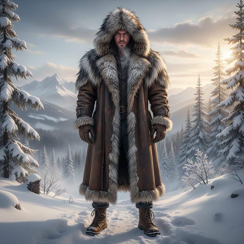 May include: A long brown leather coat with a fur-lined hood and trim, worn in a snowy landscape. The coat features a belt, gloves, and fur accents. The person is wearing brown boots. The background includes snow-covered trees and mountains.