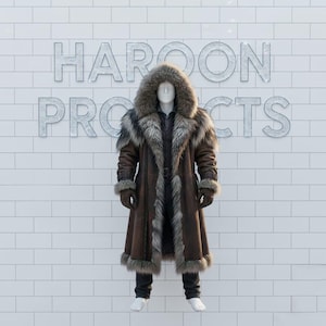 May include: A long brown coat with a fur-lined hood and trim, displayed on a mannequin. The coat features a belt, gloves, and is paired with black pants and white shoes. The text "HAROON PROJECTS" is visible in the background.