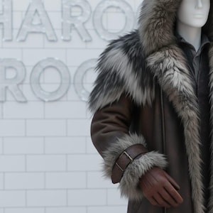 May include: A brown leather coat with a fur-lined hood and collar. The coat features fur trim on the cuffs and a belt detail on the sleeve. The mannequin is wearing brown leather gloves. The background has the text "HARRODS" in large, clear letters.