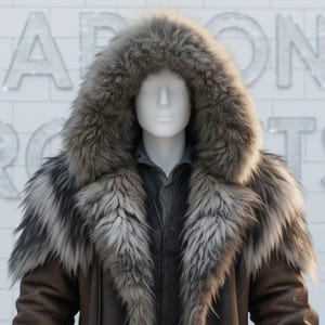 May include: A brown leather coat with a large fur-lined hood and collar. The coat is displayed on a mannequin. The fur trim is a mix of gray and brown. The coat has a button-up closure and a gray shirt underneath.