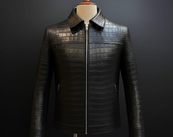 Men's Black Crocodile Embossed Pattern Alligator Leather Jacket